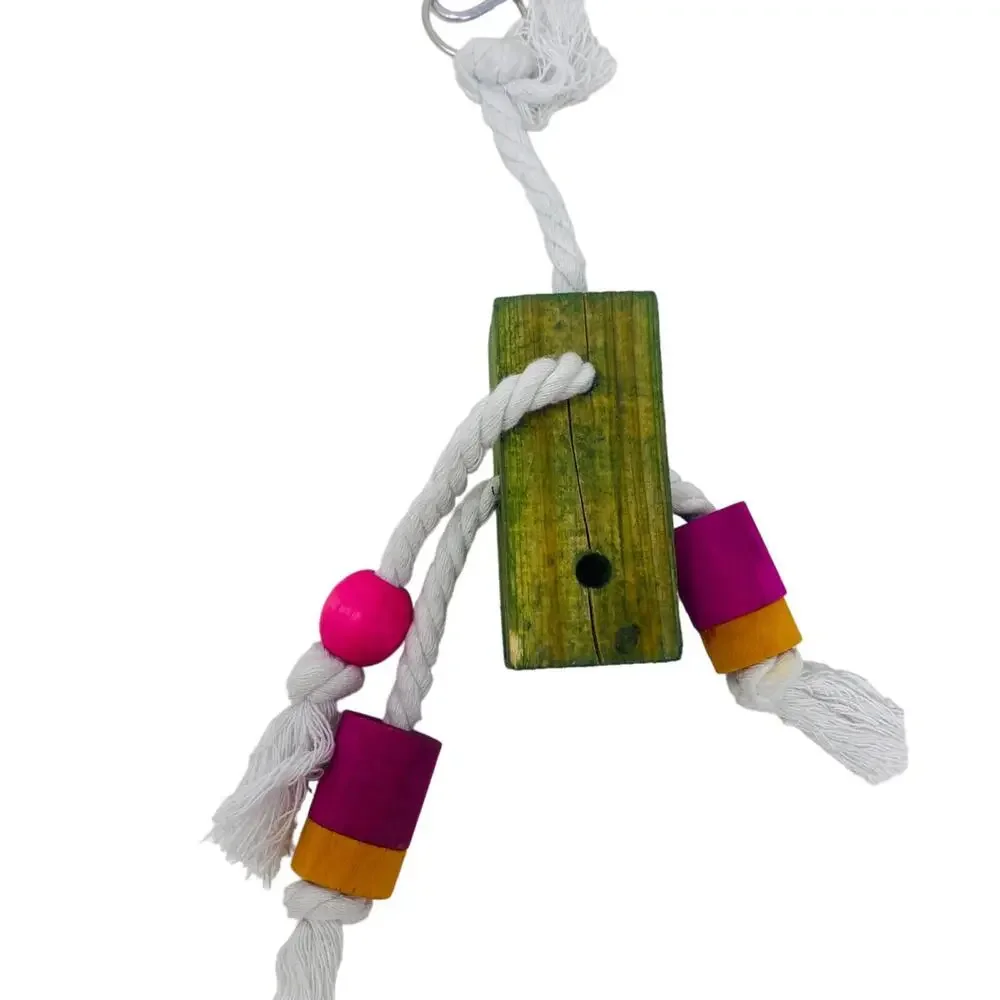 Big Wooden Block w/Cotton Rope & more Small wooden pieces on it Bird Chew Toy